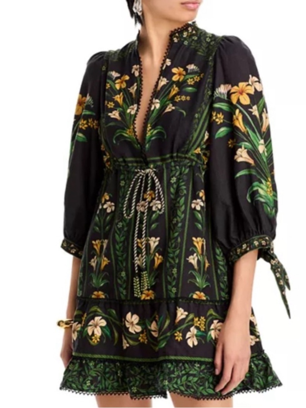 FARM Rio Black Mini Dress with Green & Yellow Floral Motif